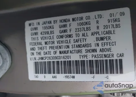 2009 Honda Accord 2.4 Lx z USA, uszkodzony, nr VIN JHMCP26309C016201